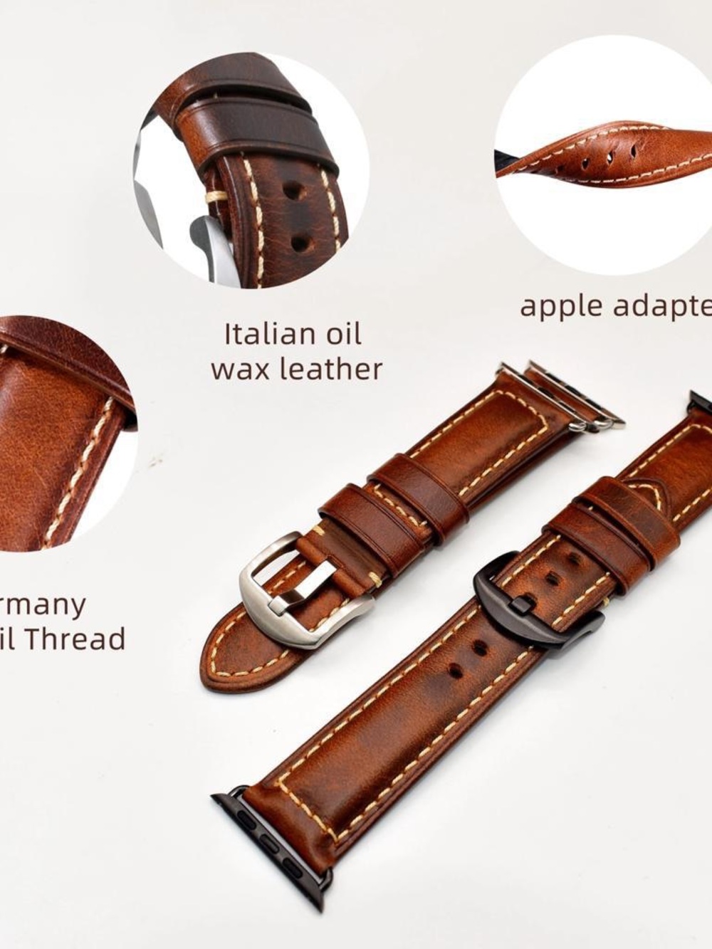 Wine red Italian Oil Wax Leather Watch Band - Contrast Stitch - Picture 4 of 6